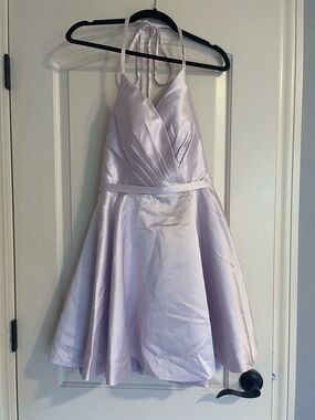 Halter-Tie V Neck Short Formal Gown With Pockets- Lavender Size 8